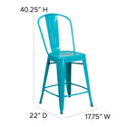 Flash Furniture 24" High Crystal Teal-Blue Metal Indoor-Outdoor Counter Height Stool with Back-Footrest