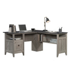 Sauder 59"W August Hill L-Desk - Mystic Oak- Grommet holes and pass-throughs for cord management