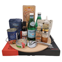 Dolce & Gourmando Pizza Gift Basket-Comes with pizza stone, pizza flour, pizza sauce, pizza seasoning, salad seasoning, extra virgin olive oil, olives, breadsticks, balsamic glaze, pizza cutter and San Pellegrino water bottles