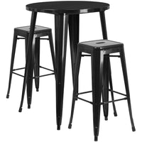 30'' Round Black Metal Indoor-Outdoor Bar Table Set with 2 Square Seat Backless Barstools (CH-51090BH-2-30SQST-BK-GG)-Indoor Outdoor Sets