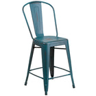 Flash Furniture 24" High Distressed Kelly Blue-Teal Metal Indoor-Outdoor Counter Height Stool with Back-500 lb. Weight Capacity