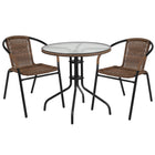 Flash Furniture 28" Round Glass Metal Table with Dark Brown Rattan Edging & 2 Dark Brown Rattan Stack Chairs-Table and Chair Set