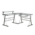 Monarch Specialties 7172 Computer Desk - Black Metal Corner With Tempered Glass-This contemporary, gaming-style L-shaped computer desk is finished on all sides in a sleek, clear tempered glass with black metal accents, and joined with a rounded glass corner piece.