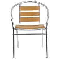 Flash Furniture Commercial Aluminum Indoor-Outdoor Restaurant Stack Chair with Triple Slat Faux Teak Back-Set of 4 Stackable Cafe Chairs