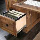 Sauder 69"W Palladia L-Desk - Vintage Oak-  Storage area behind door holds vertical CPU tower and has an adjustable shelf