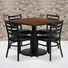 Flash Furniture 36" Square Walnut Laminate Table Set with Round Base & 4 Ladder Back Metal Chairs - Black Vinyl Seat-Set Includes 4 Chairs, Square Table Top and Round Base