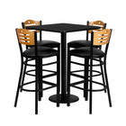 Flash Furniture 30'' Square Black Laminate Table Set with Round Base and 4 Wood Slat Back Metal Bar Stools, Black Vinyl Seat-Black Powder Coated Chair and Table Frame