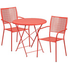 30'' Round Coral Indoor-Outdoor Steel Folding Patio Table Set with 2 Square Back Chairs [CO-30RDF-02CHR2-RED-GG]-Coral Powder Coat Finish