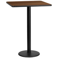 Flash Furniture 30" Square Walnut Laminate Table Top with 18" Round Bar Height Table Base-Bar Height Hospitality Table