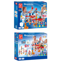 Hape Quadrilla Super Spirals-Includes a xylophone rail that plays a tune as marbles run over it, two double-sided spiral twists, plus four special control blocks to randomly distribute marbles.