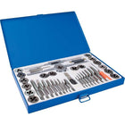 Gray Tools 40 Piece Metric Carbon Tap & Die Set, Includes Storage Case-Contains: 1" O.D. round dies: 3 x 0.5, 3 x 0.6, 4 x 0.7, 4 x 0.75, 5 x 0.8, 5 x 0.9, 6 x 0.75, 6 x 1.0, 7 x 0.75, 7 x 1.01, 8 x 1.0, 8 x 1.25, 10 x 1.25, 10 x 1.5, 12 x 1.5, 12 x 1.75, 1/8"-27 NPT, 1 Die Stock, Screw Pitch Gauge, 2 Tap Wrenches and Screwdriver