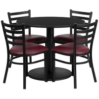 Flash Furniture 36" Round Black Laminate Table Set with Round Base & 4 Ladder Back Metal Chairs - Burgundy Vinyl Seat-Table and Chair Set