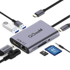 QGeeM 8-in-1 4K Hub Adapter - USB C to HDMI Type C to Ethernet 1G - USB C to USB 3.0 - 3.5mm AUX - Type C Card Reader-Sliver And Metal Shell