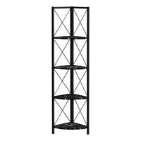 Monarch Specialties 3650 60"H Bookcase - Black Marble/Black Metal Corner-This corner shelf features a three-leg black metal frame, allowing it to sit tight against the wall