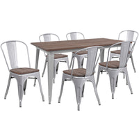 Flash Furniture 30.25" x 60" Silver Metal Table Set with Wood Top and 6 Stack Chairs-Silver/Galvanized Steel, Metal, Plastic, Rubber, Wood