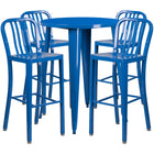 30'' Round Blue Metal Indoor-Outdoor Bar Table Set with 4 Vertical Slat Back Barstools [CH-51090BH-4-30VRT-BL-GG]-Metal Cafe Bar Table