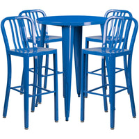 30'' Round Blue Metal Indoor-Outdoor Bar Table Set with 4 Vertical Slat Back Barstools [CH-51090BH-4-30VRT-BL-GG]-Metal Cafe Bar Table