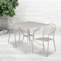 35.5'' Square Light Grey Indoor-Outdoor Steel Patio Table Set with 2 Round Back Chairs [CO-35SQ-03CHR2-SIL-GG]-Set Includes Table and 2 Chairs