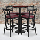 Flash Furniture 24'' Round Mahogany Laminate Table Set with Round Base and 4 Ladder Back Metal Bar Stools, Burgundy Vinyl Seat-Set Includes 4 Bar Stools, Round Table Top and Round Base