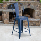 Flash Furniture Commercial Grade 24" High Distressed Antique Metal Indoor-Outdoor Counter Height Stool with Back - Blue-Cross Brace under seat provides extra stability