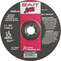 United Abrasives Depressed Center Cut-Off Wheel, 7" x 0.045", 7/8" Arbor, Type 27, Aluminum Oxide, 8500 Rpm - 36 Pack-Abrasive Material: Aluminum Oxide