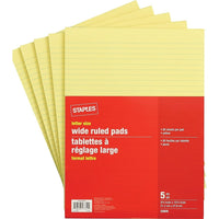 Staples Letter-Sized Wide-Ruled Paper Pads - Yellow - 8-3/8" x 10-7/8" - 80 Sheets - 5 Pack-Letter-sized writing pad features yellow paper with wide ruling