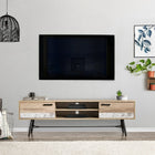 CorLiving TV Bench with Splayed Legs for TVs up to 80", Distressed Warm Beige with White Duotone-Doors with premium cabinet hinges enclose cupboard areas on each side for all your storage needs