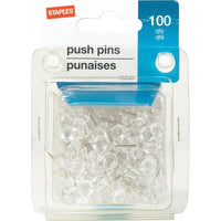 Staples Push Pins - Clear - 100 Pack-Easy to use pins are perfect for maps, bulletin boards, wall charts, calendars and other office uses