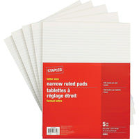 Staples Letter-Sized Narrow-Ruled Paper Pads - White - 8-3/8" x 10-7/8" - 96 Sheets - 5 Pack-Letter-sized writing pad features white paper with narrow ruling