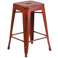 Flash Furniture 24" High Backless Distressed Kelly Red Metal Indoor-Outdoor Counter Height Stool-Stackable Industrial Style Modern Stool